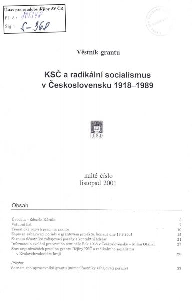 Věstník grantu KSČ a radikální socialismus v Československu 1918–1989. Sv. 0