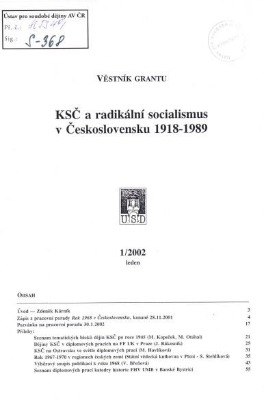 Věstník grantu KSČ a radikální socialismus v Československu 1918–1989. Sv. 1